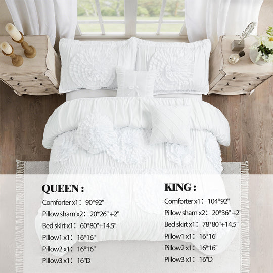 HIG 7-Piece Shabby Chic Ruched Comforter Set with 3D Floral Appliques