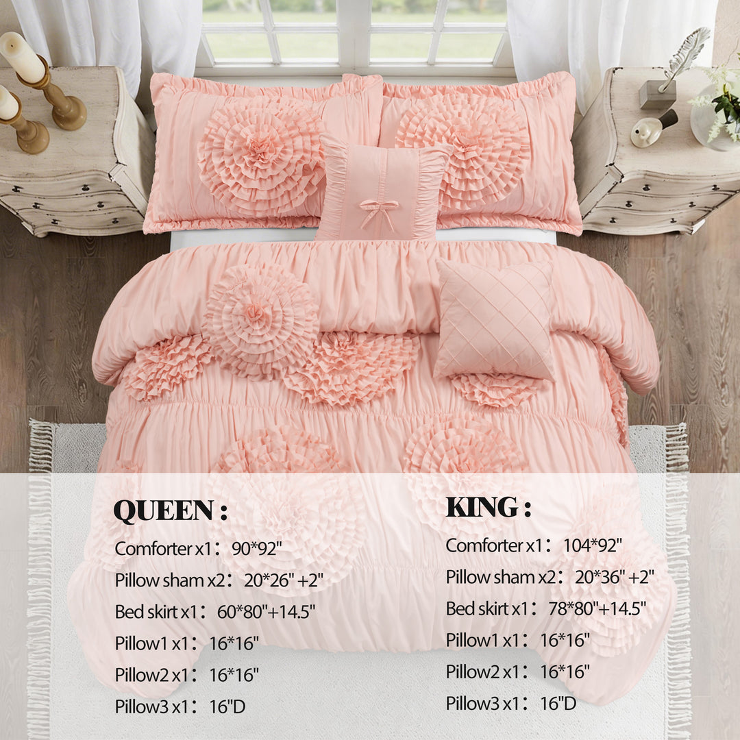 HIG 7-Piece Shabby Chic Ruched Comforter Set with 3D Floral Appliques