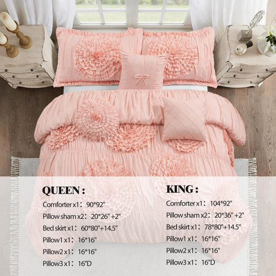 HIG 7-Piece Shabby Chic Ruched Comforter Set with 3D Floral Appliques
