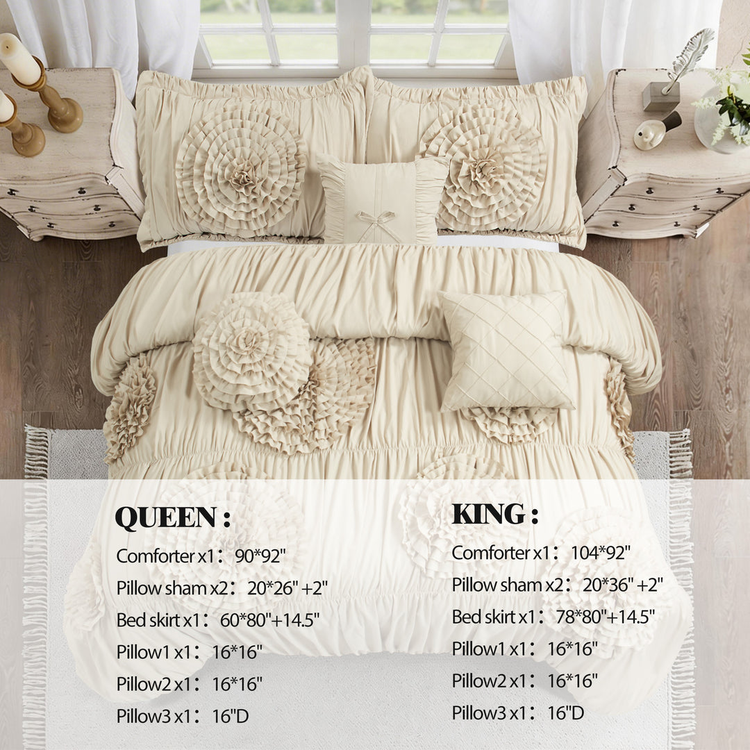 HIG 7-Piece Shabby Chic Ruched Comforter Set with 3D Floral Appliques