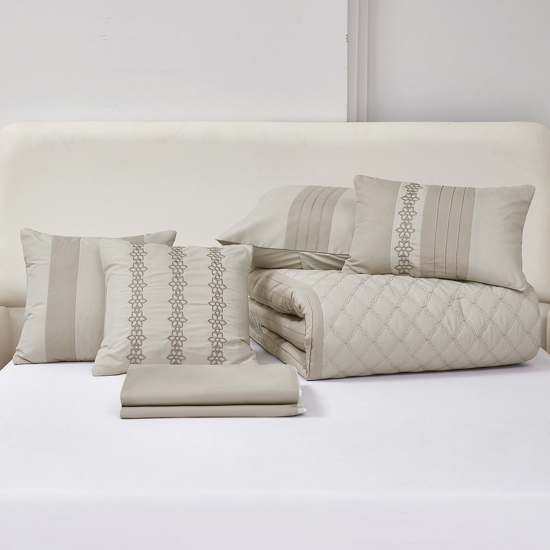 7 Piece Embroidery White / Beige Bed in a Bag, Modern and Stylish Comforter Set