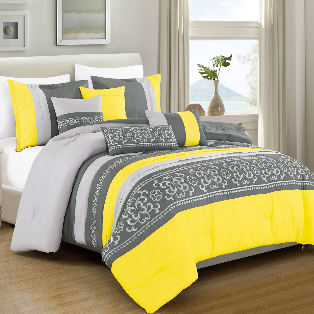 7 Piece Luxury Leaves Scroll Embroidery Bedding Comforter Set Gray and Yellow Bed in a Bag