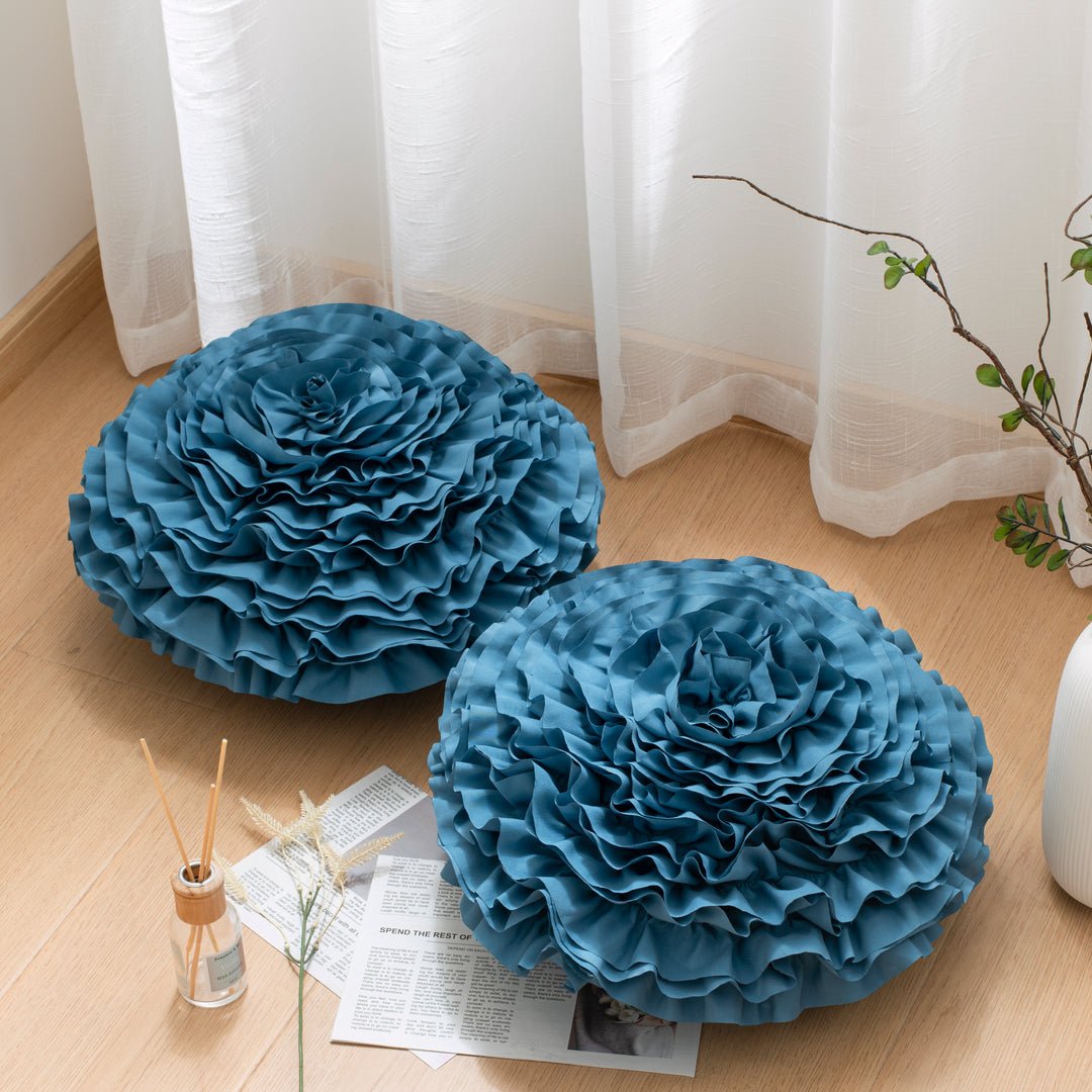 2 Pack 3D Rose Flower Handmade Rosette Rounded Decorative Throw Pillow, Layered Ruffle Floral Accent Pillow for Home Decor,16" Round