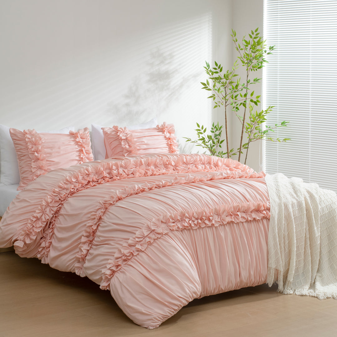 3-Piece Romantic Ruched Ruffle Duvet Cover Set, French Cottage Style Bedding