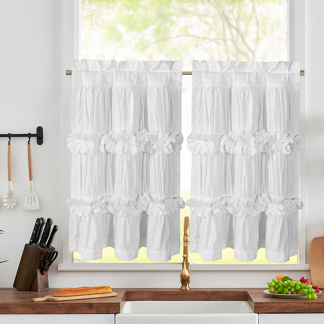 Ruffled Floral Applique Tier Curtains – Brushed Fabric Decorative Kitchen Curtains (Set of 2)