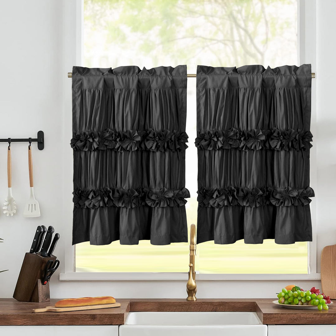 Ruffled Floral Applique Tier Curtains – Brushed Fabric Decorative Kitchen Curtains (Set of 2)