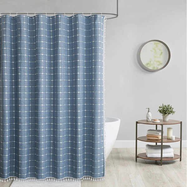 Waterproof Blue Grid Tassel Shower Curtain – Boho Decorative Bathroom Curtain 72" x 72" (Multiple Colors Available)