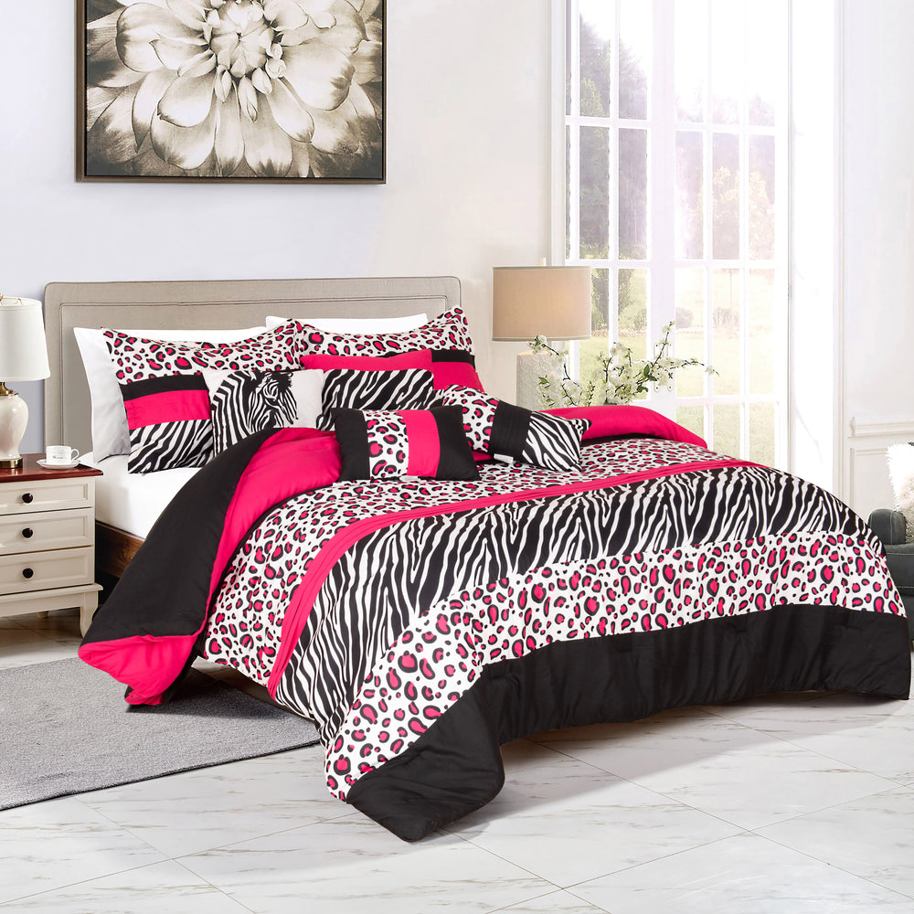 7-Piece Safari Animal Print Comforter Set in Pink, Black & White – Zebra & Leopard Bedding for Queen/King