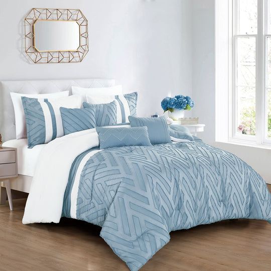 7 Piece Luxury Clip Jacquard Comforter Blue Set Bed in A Bag - Queen King Size