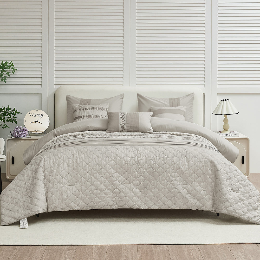 HIG 7 Piece Embroidery White Bed in a Bag, Modern and Stylish Comforter Set for Adults