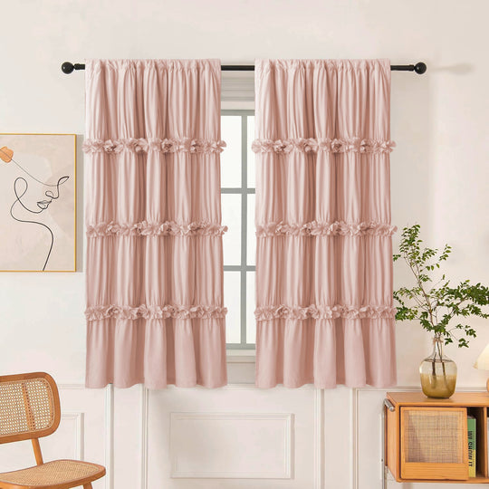 Boho Ruffled Floral Accent Window Curtains, Rod Pocket Drapes 42" x 63" (2 Panels)