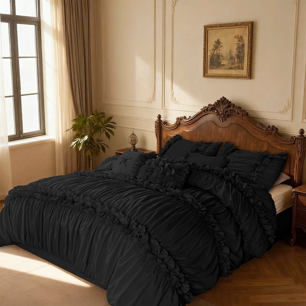 HIG 7 Piece Comforter Set Vintage Ruched Design Fluffy Down Alternative Filling Handmade Bow Ties Elegant