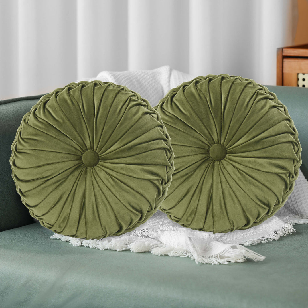 Set of 2 Decorative Velvet Round Pleated Throw Pillows,14.5" Diameter