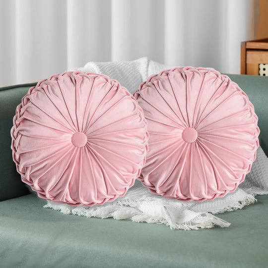 Set of 2 Decorative Velvet Round Pleated Throw Pillows,14.5" Diameter