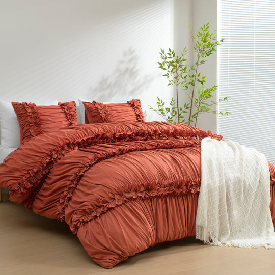 3-Piece Romantic Ruched Ruffle Duvet Cover Set, French Cottage Style Bedding