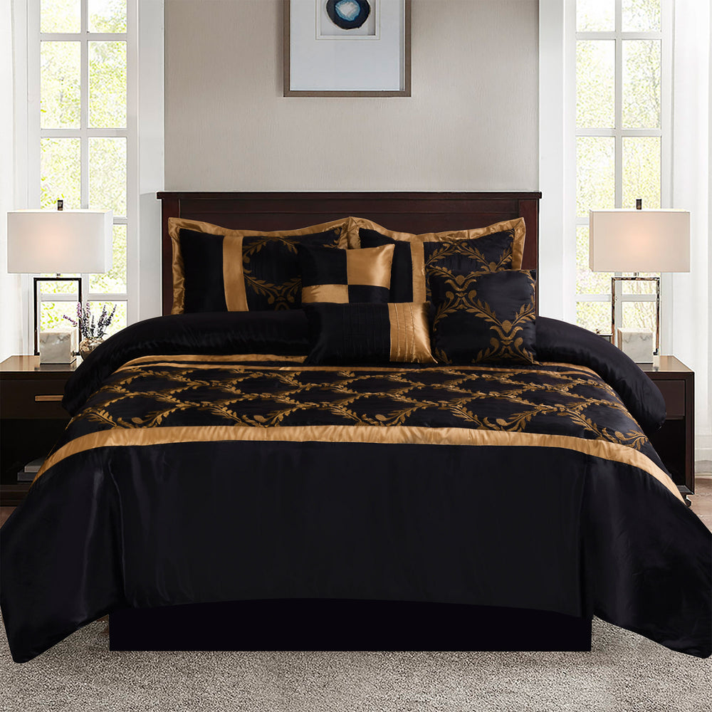 Luxury Black & Gold Embroidered Comforter Set – Elegant Brushed Bedding with Bedskirt for Queen/King
