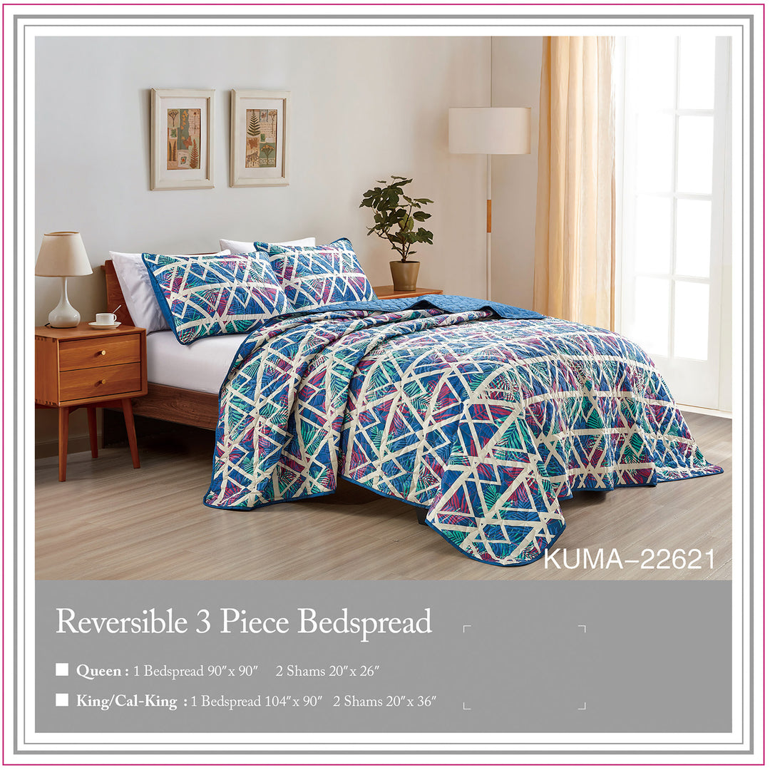 Reversible 3-Piece Geometric Triangle Bedspread Set - Quilted Coverlet with Pillow Shams