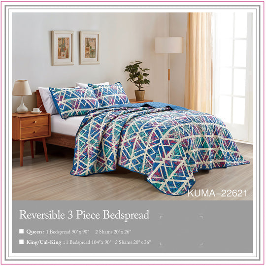 Reversible 3-Piece Geometric Triangle Bedspread Set - Quilted Coverlet with Pillow Shams