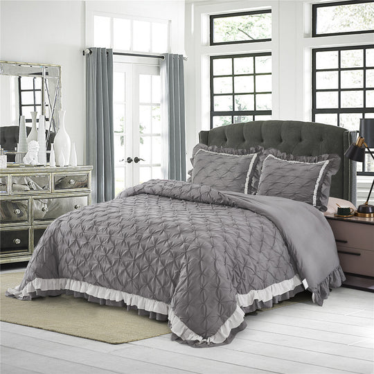 3 Piece Pinch Pleated Comforter Set Queen - Gray and White Chic Embroidery Farmhouse Style Bedding Set