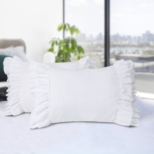 HIG Set of 2 White Microfiber Ruffle Pillow Shams Vintage Victorian Pillowcases