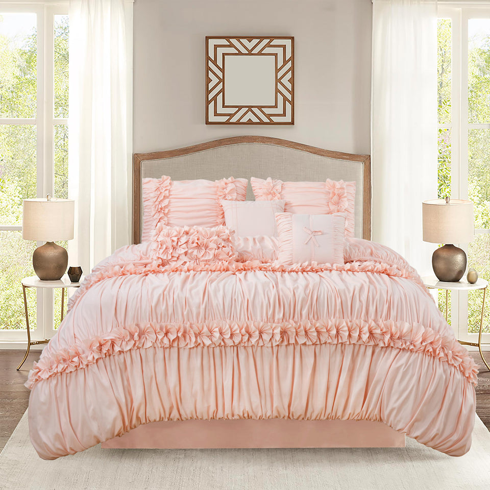 7 Piece Elegant French Country Bed in a Bag, Handmade Bow Tie Fluffy Bed Comforters