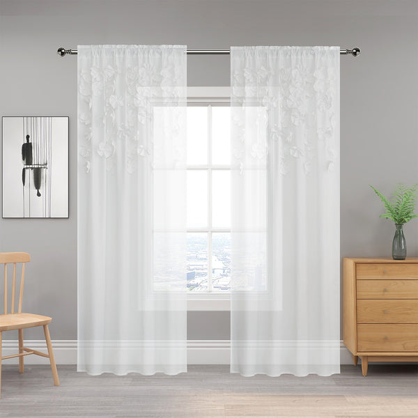 Sheer White 3D Floral Applique Window Curtains – Lightweight Rod Pocket Curtains 52" x 84" (Two Panels)