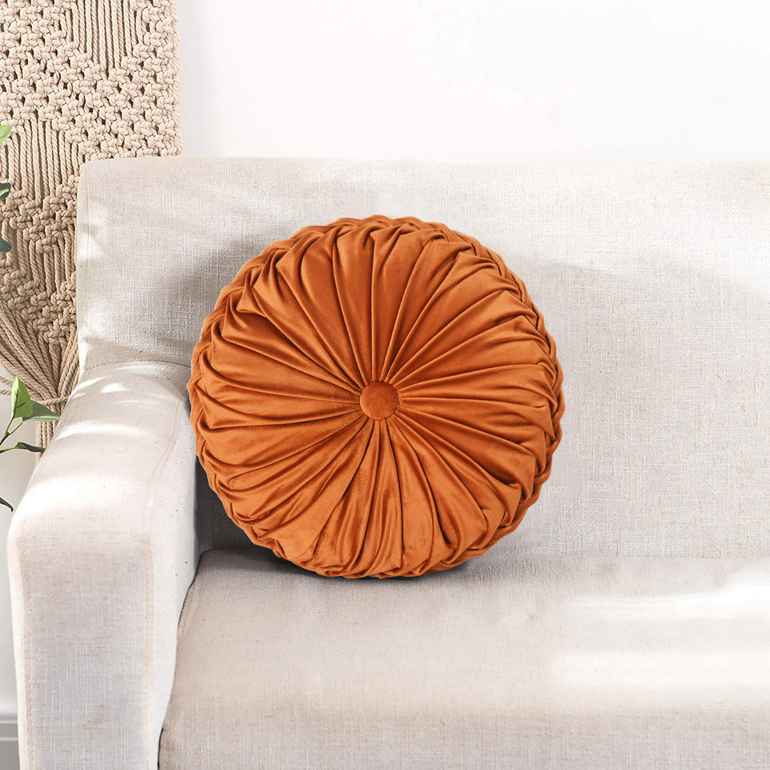 HIG Set of 2 Pumpkin Pleated Round Throw Pillows, Soft Velvet, 14.5" Diameter