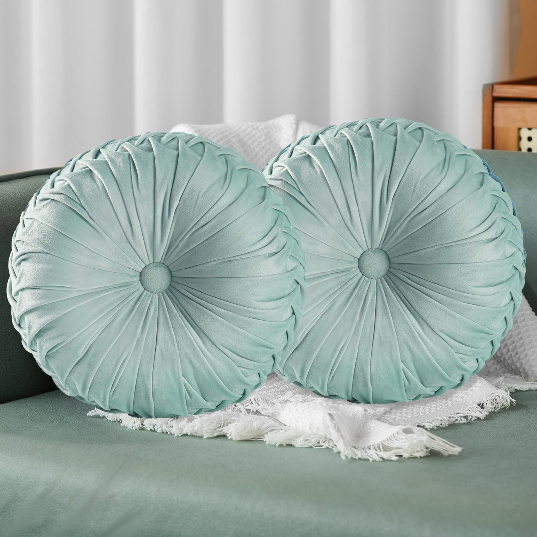 Set of 2 Decorative Velvet Round Pleated Throw Pillows,14.5" Diameter