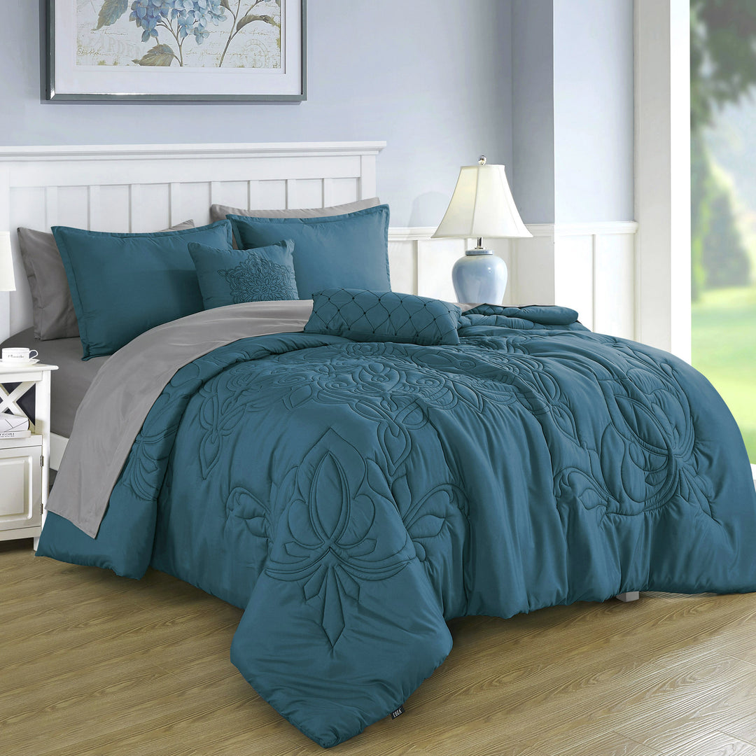 HIG 9 Piece Minimalist Style Quilted Comforter Set Teal Color Bed in Bag with Bed Sheets Collections
