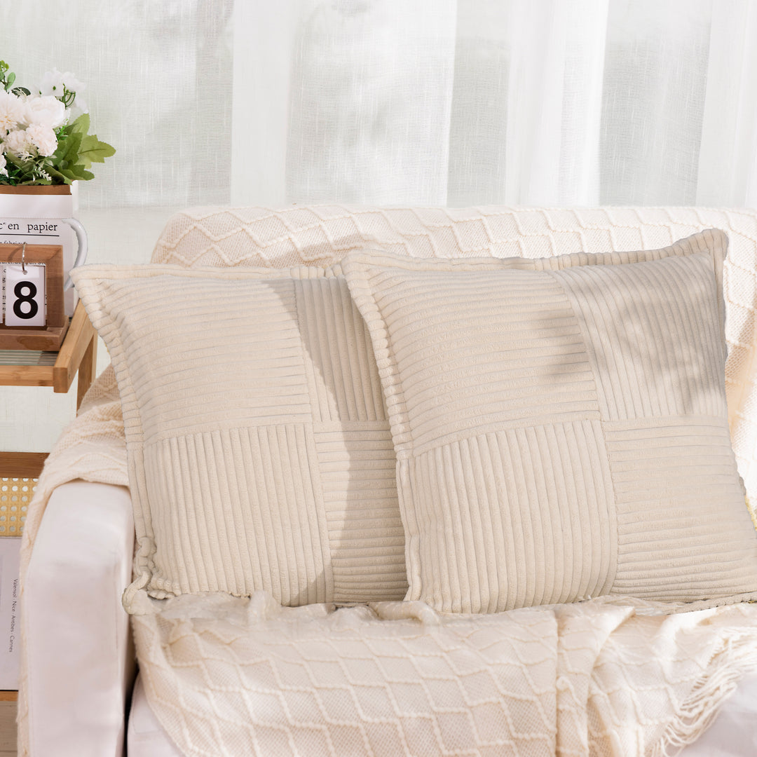HIG Set of 2 Corduroy Patchwork Decorative Throw Pillows, 18"x18" Square Striped Velvet Cushions with Inserts for Sofa, Couch & Bed
