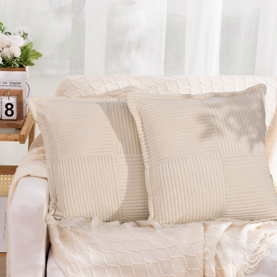 HIG Set of 2 Corduroy Patchwork Decorative Throw Pillows, 18"x18" Square Striped Velvet Cushions with Inserts for Sofa, Couch & Bed