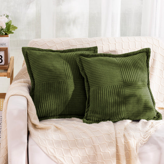HIG Set of 2 Corduroy Patchwork Decorative Throw Pillows, 18"x18" Square Striped Velvet Cushions with Inserts for Sofa, Couch & Bed