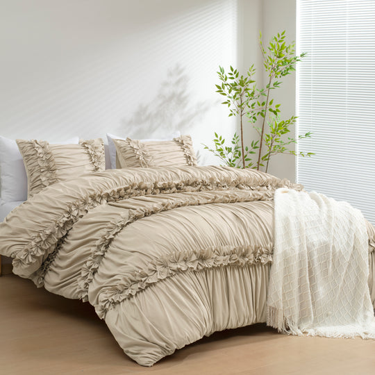 3-Piece Romantic Ruched Ruffle Duvet Cover Set, French Cottage Style Bedding