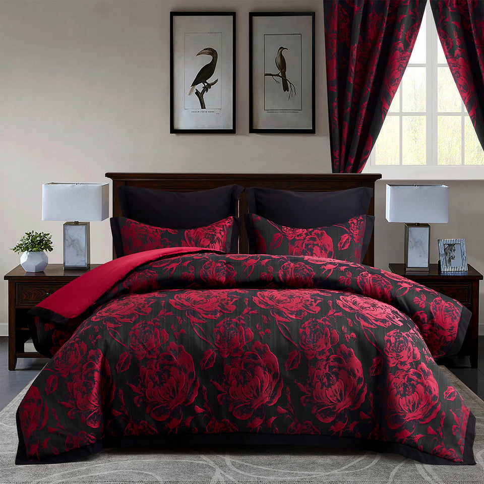 7 Pieces Floral Jacquard Design Comforter Set with Matching Curtains Elegant Bed in a Bag
