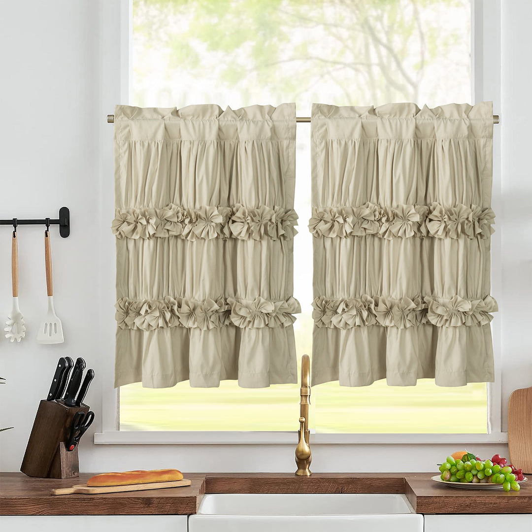 Ruffled Floral Applique Tier Curtains – Brushed Fabric Decorative Kitchen Curtains (Set of 2)