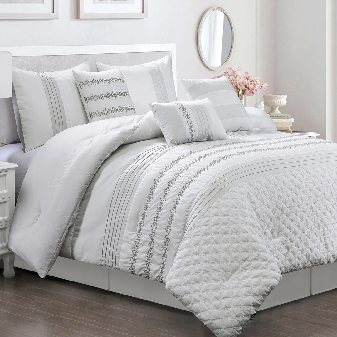 HIG 7 Piece Embroidery White Bed in a Bag, Modern and Stylish Comforter Set for Adults