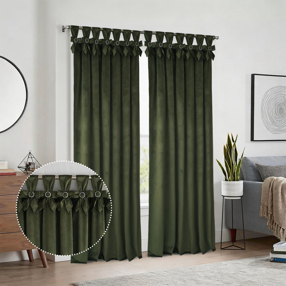 HIG Set of 2 Bow Tie Top Velvet Window Curtains, Elegant Twist Knot Rod Pocket Light Filtering Panels for Bedroom & Living Room, 52" x 84"