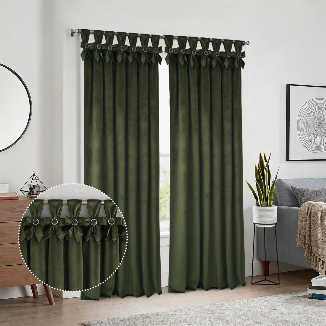 HIG Set of 2 Bow Tie Top Velvet Window Curtains, Elegant Twist Knot Rod Pocket Light Filtering Panels for Bedroom & Living Room, 52" x 84"