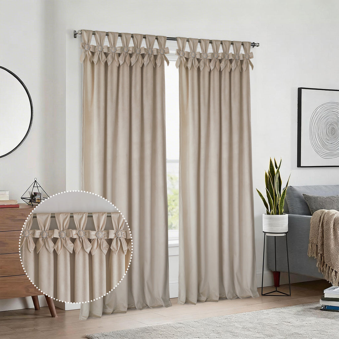 HIG Set of 2 Bow Tie Top Velvet Window Curtains, Elegant Twist Knot Rod Pocket Light Filtering Panels for Bedroom & Living Room, 52" x 84"