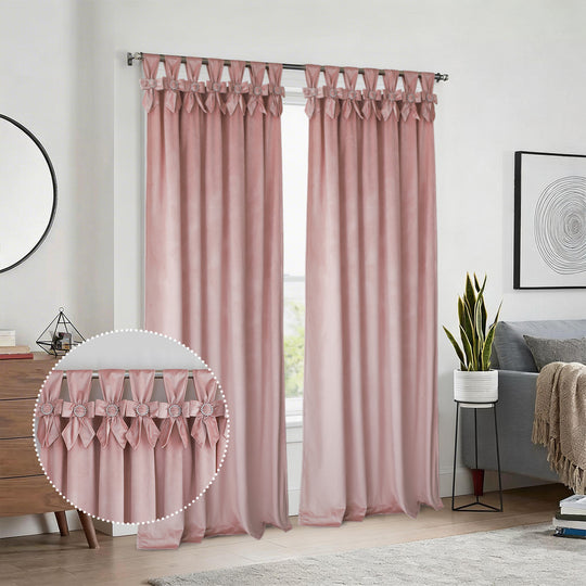 HIG Set of 2 Bow Tie Top Velvet Window Curtains, Elegant Twist Knot Rod Pocket Light Filtering Panels for Bedroom & Living Room, 52" x 84"