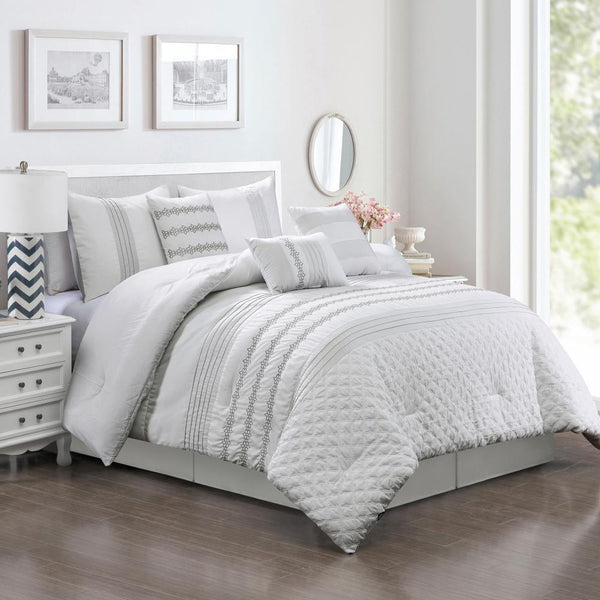 7 Piece Embroidery White / Beige Bed in a Bag, Modern and Stylish Comforter Set