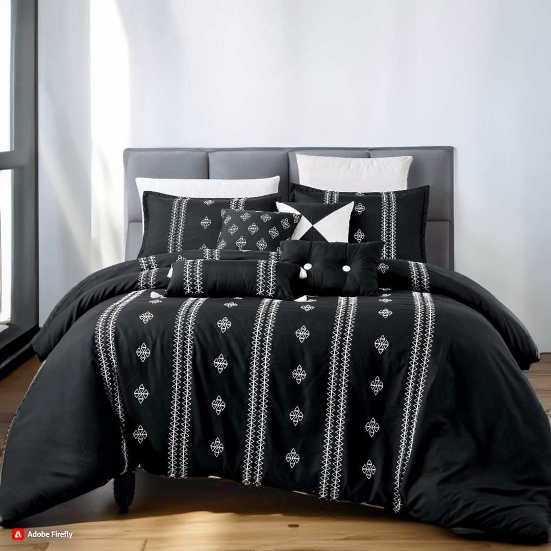 Luxury 7 Piece Geometric Emrboidery Bed in Bag Black Comforter Set Q/K Size-22129