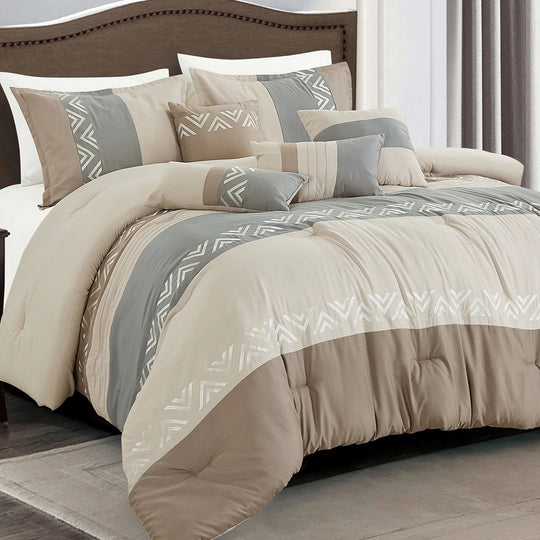 HIG 7 Piece Embroidery Design Bed-in-a-Bag, Taupe Queen Size Ultra Soft Comforter Set for Adults