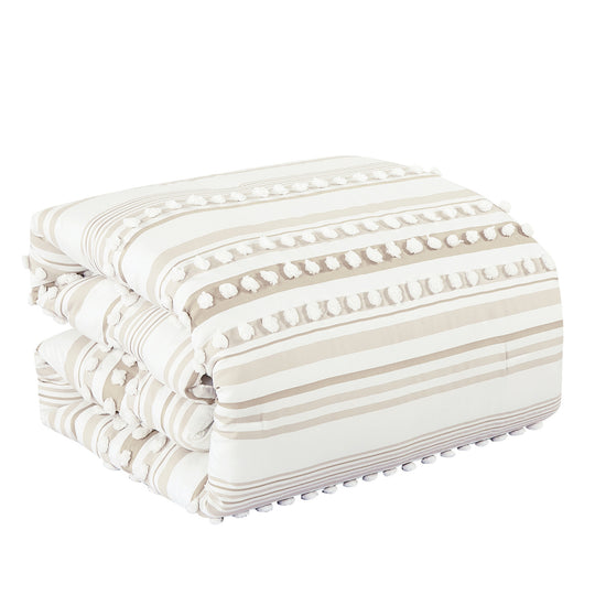 Luxury 7 Piece Camel Color Tassel Stripe Bed in Bag Comforter Set Q/K Size-22200