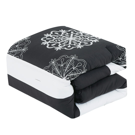 7 Piece Black and White Color Embroidered Bed in Bag Comforter Set Q/K Size