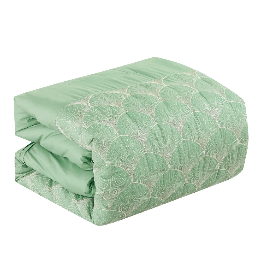 7 Piece Light Green Scalloped Emroidered Comforter Set Super Soft Microfiber Bed in a Bag Queen King Size