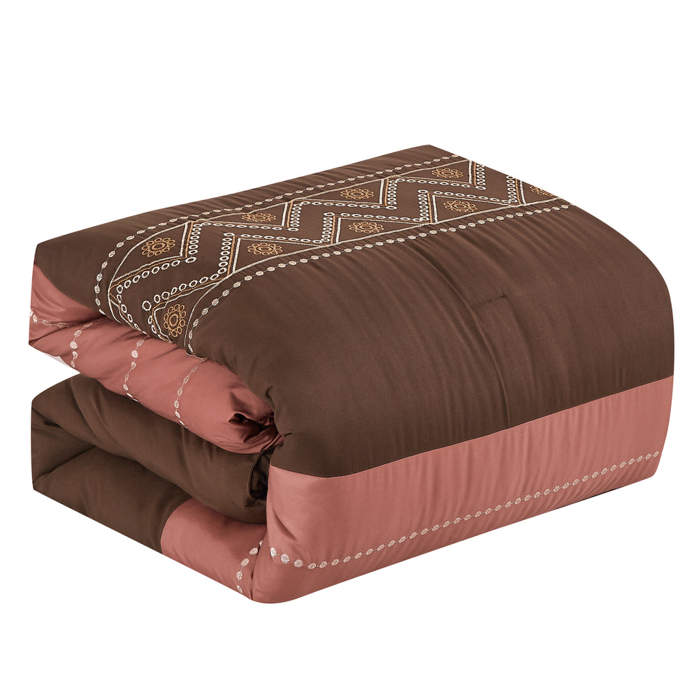 7 Piece Copper Brown Classic Emroidered Comforter Set Super Soft Microfiber Bed in a Bag Queen King Size