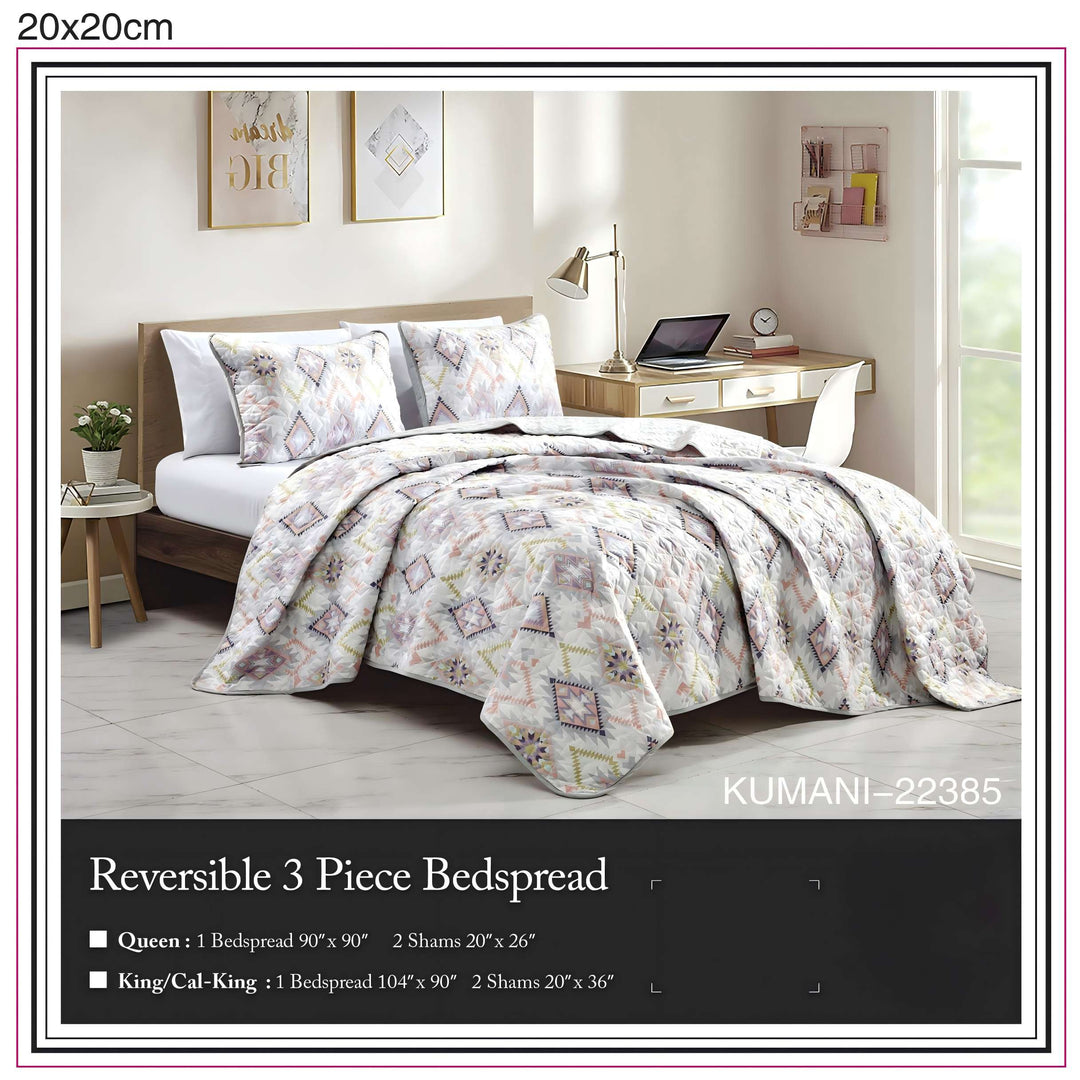 Reversible 3-Piece Geometric Aztec Quilted Bedspread Set with Pillow Shams