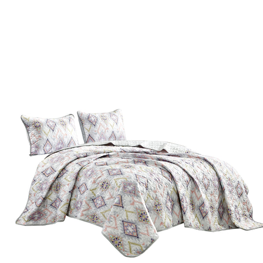 Reversible 3-Piece Geometric Aztec Quilted Bedspread Set with Pillow Shams