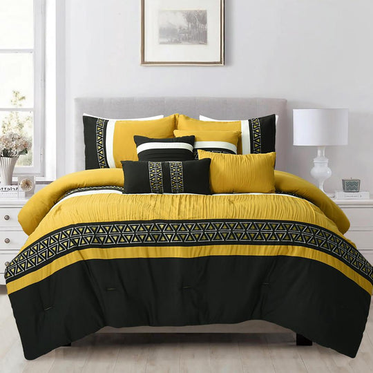 7 Piece Yellow and Black Embroidered Comforters Bedding Set
